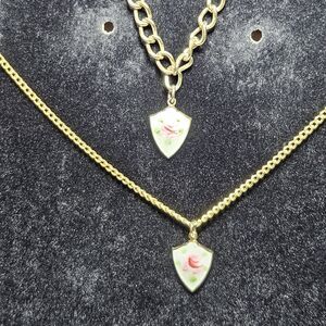 Vintage Emmons Gold Tone Guilloche Enamel Shield Charm Necklace & Bracelet Set